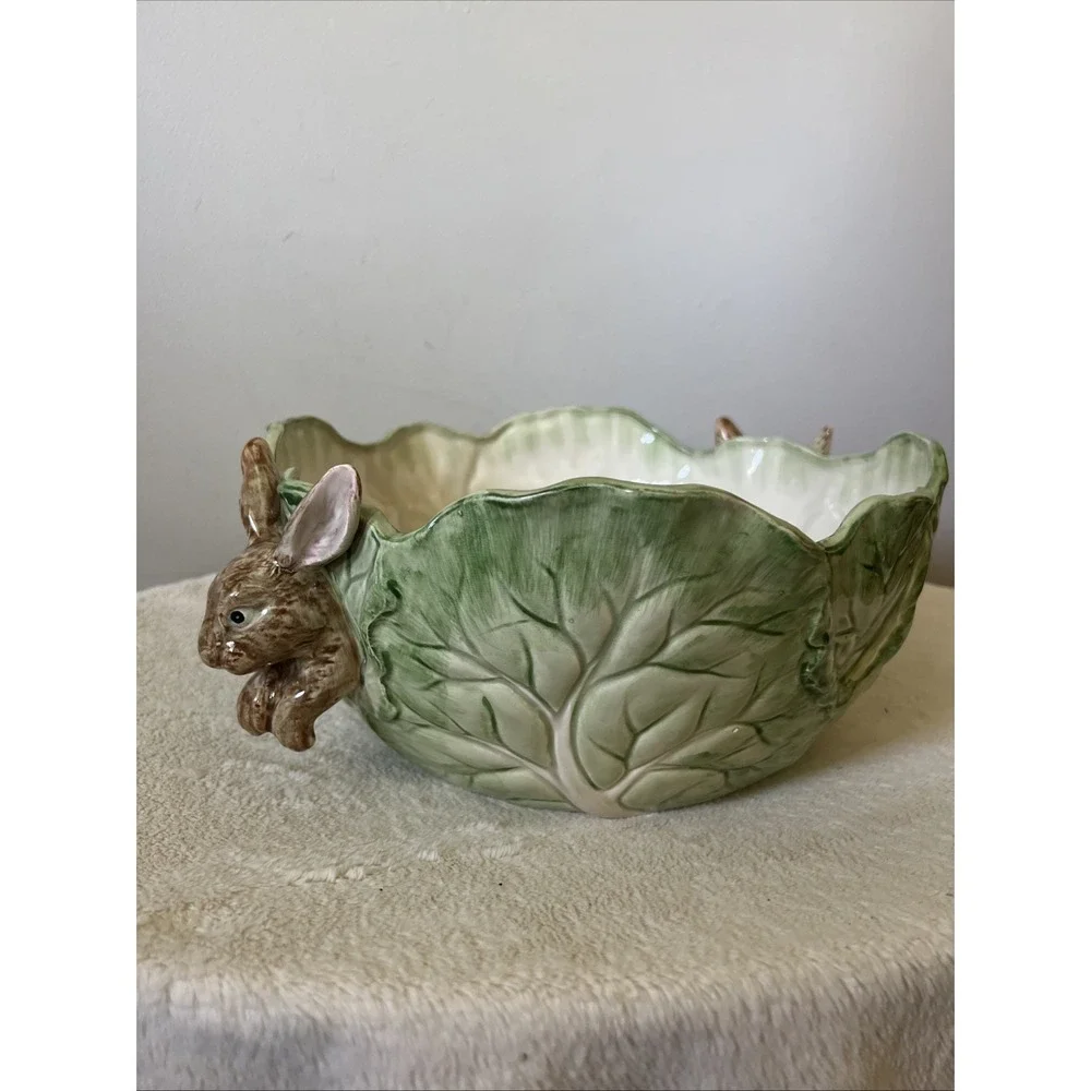 Large Spring Easter Vintage Fitz and Floyd Green Bowl with Bunnies cabbage green